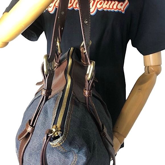 BURBERRY Denim Shoulder Bag Brown Leather Top Zip Closure Blue Label RARE - Picture 8 of 17